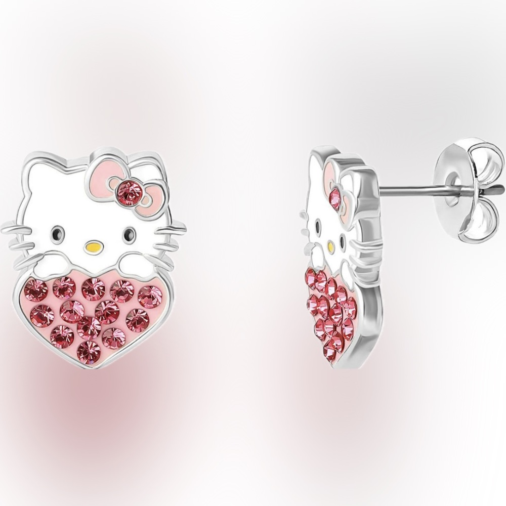 Hello Kitty Sanrio Red/Pink Enamel and Crystal Head on Heart Stud Earrings